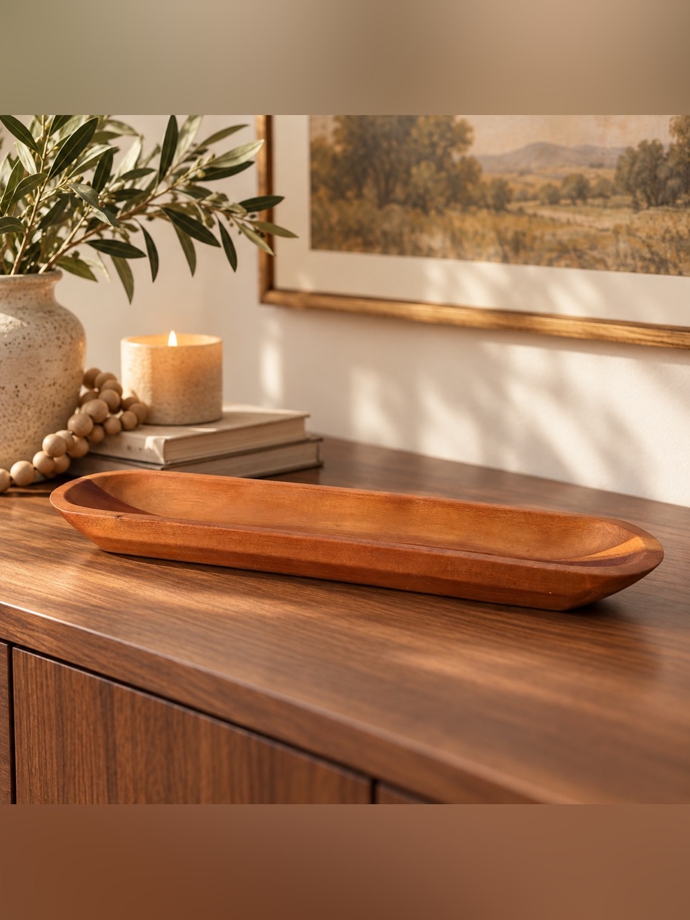 Acacia Wood Bread Bowl Long Narrow Serving Tray 20” Rustic Farmhouse